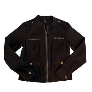 Black Moto Utility Jacket Size S – Zip Pockets, Brass Buttons